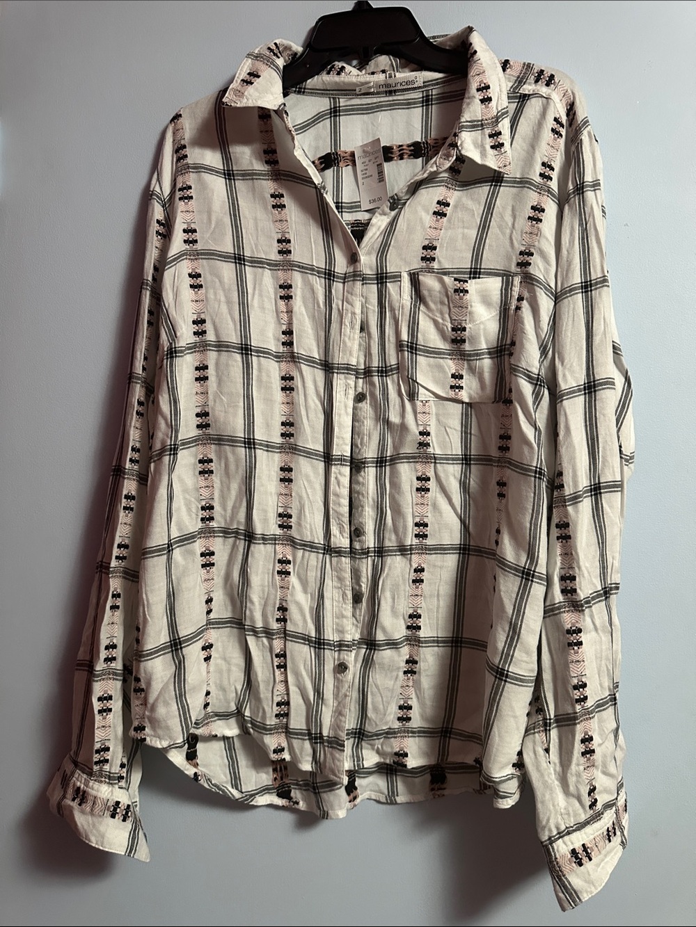 Maurices Plus Size Cream Plaid Button-Down Shirt with Black & Pink Accents